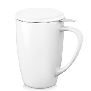 lovecasa 16 oz tea mug with infuser and lid, tea infuser mug with handle ceramic mug with filter for tea, milk, coffee, loose leaf tea infusers, white