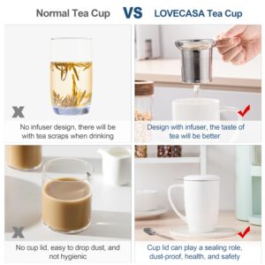 LOVECASA 16 OZ Tea Mug with Infuser and Lid, Tea Infuser Mug with Handle Ceramic Mug with Filter for Tea, Milk, Coffee, Loose Leaf Tea Infusers, White