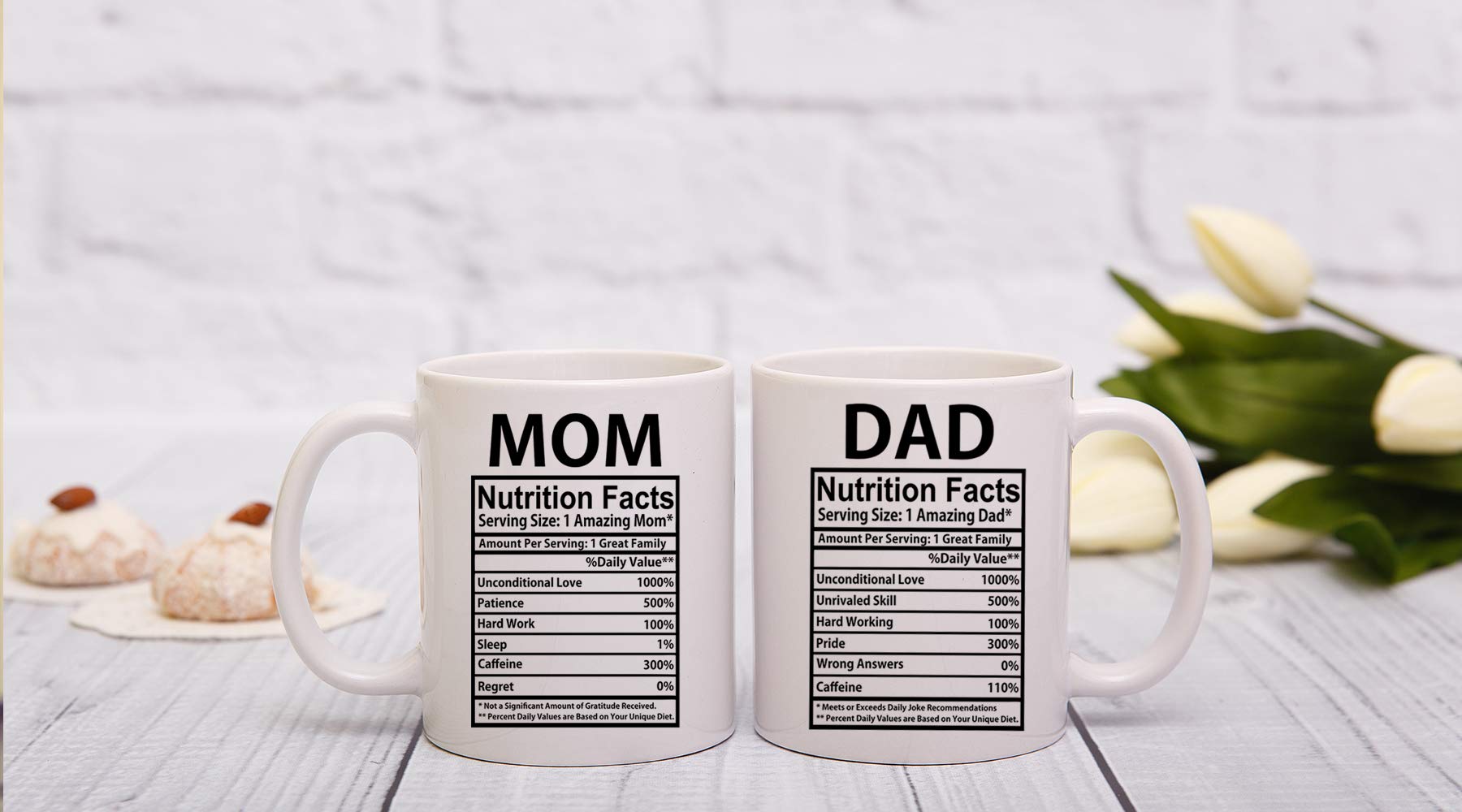 AW Fashions Mom & Dad Nutritional Facts 11oz White Ceramic Funny Couple Coffee Mugs Set For Husband and Wife Him And Her Gifts Mr & Mrs Gift Anniversary Mom and Dad Present Tea Cup