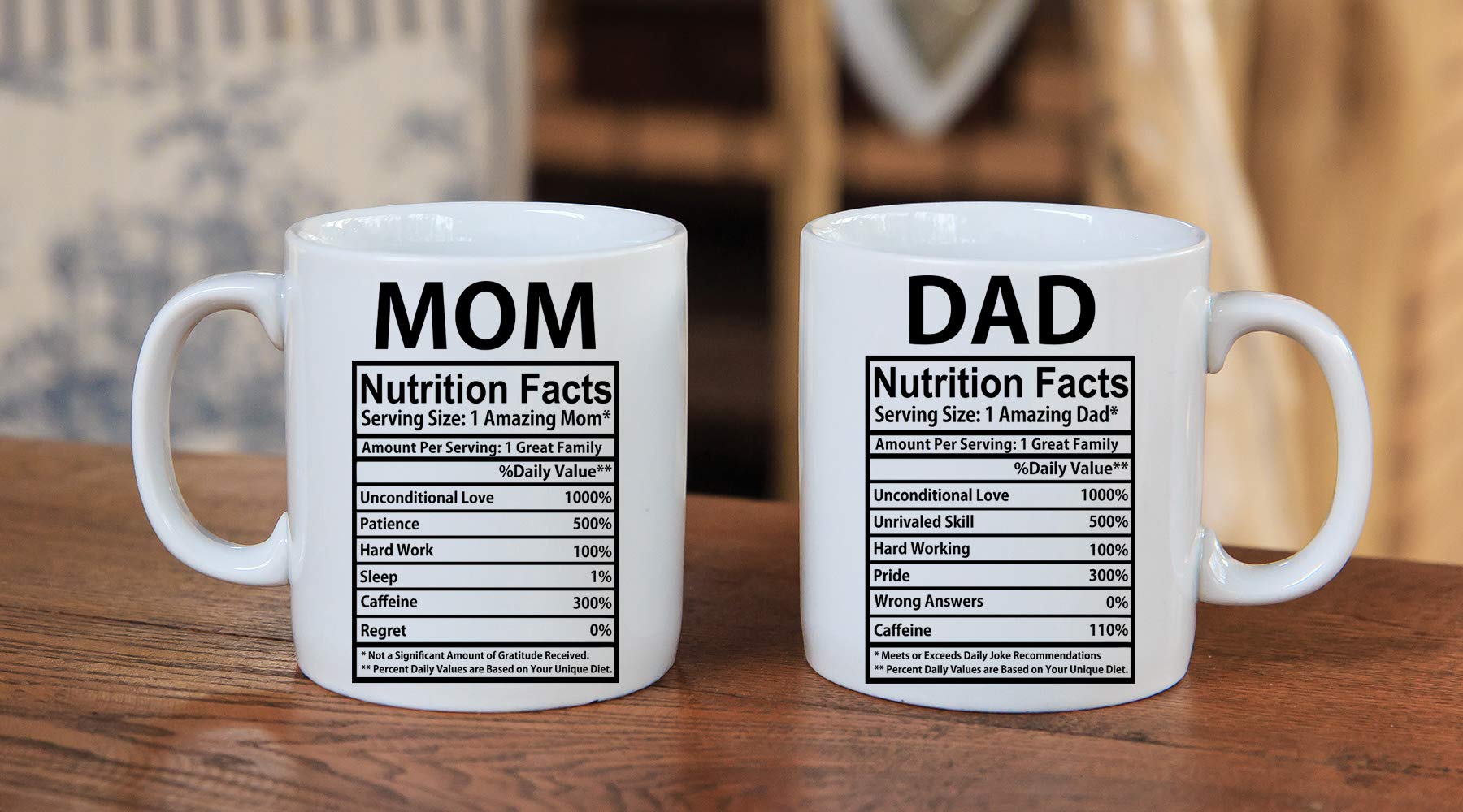 AW Fashions Mom & Dad Nutritional Facts 11oz White Ceramic Funny Couple Coffee Mugs Set For Husband and Wife Him And Her Gifts Mr & Mrs Gift Anniversary Mom and Dad Present Tea Cup