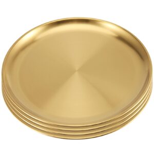 joikit 4 pack 12 inch gold stainless steel plate, round metal dinner plates, kitchenware dinner dishes serving tray large camping plates for bbq, snack, food serving, dishwasher safe