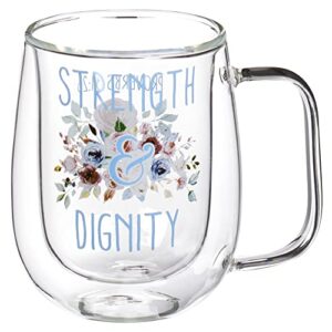 christian art gifts double wall insulated clear glass coffee and tea mug for women: strength and dignity - proverbs 31:25 inspirational bible verse, hot and cold beverage with handle, pink, 10 oz.