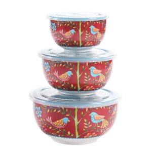 bico red spring bird ceramic bowl with air tight lid set of 3(27oz, 18oz, 9oz each), prep bowls, food storage bowl for salad, snacks, fruits, microwave and dishwasher safe
