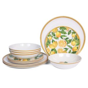 melamine dinnerware sets- 12pcs melamine plates and bowls set for 4,indoor and outdoor dinnerware, lemon dinnerware set