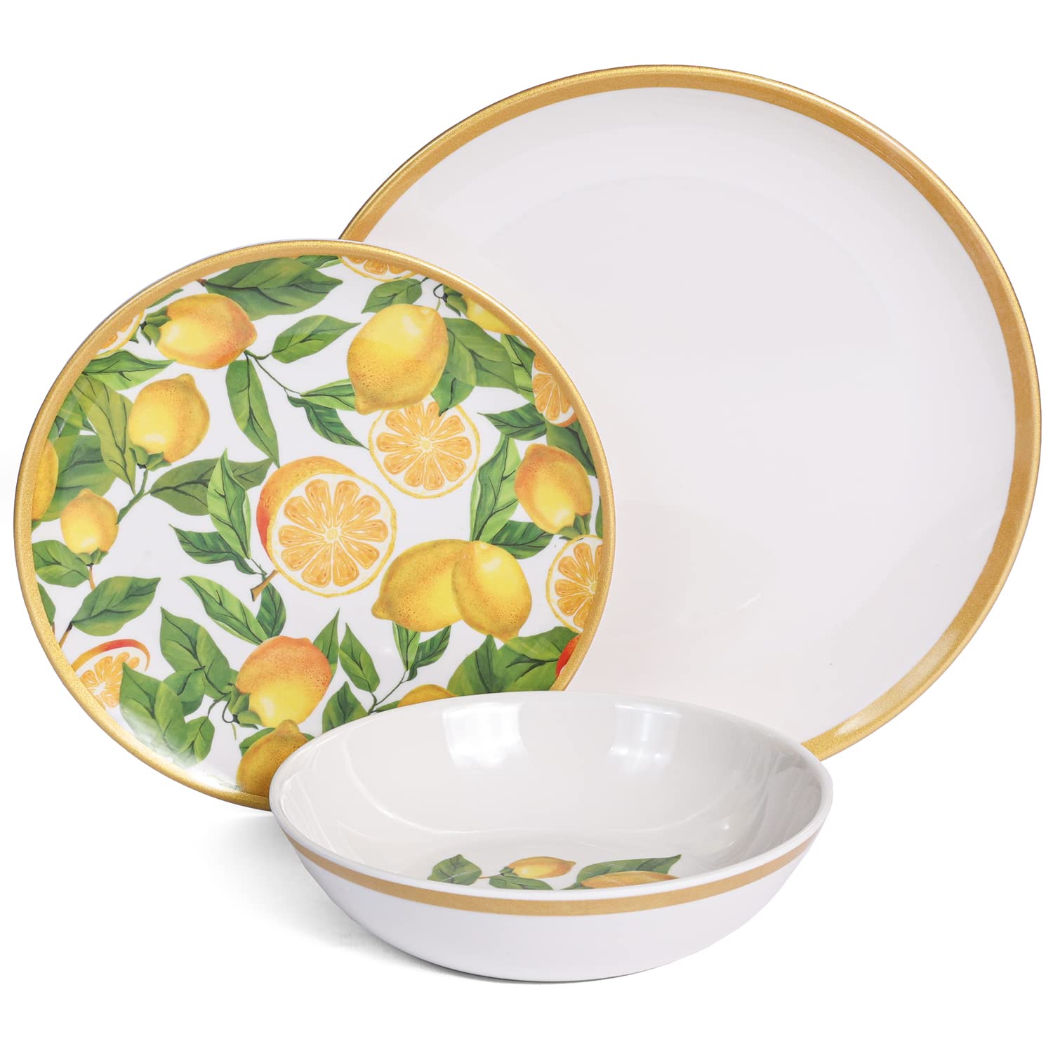 Melamine Dinnerware Sets- 12pcs Melamine Plates and Bowls Set for 4,Indoor and Outdoor Dinnerware, Lemon dinnerware set