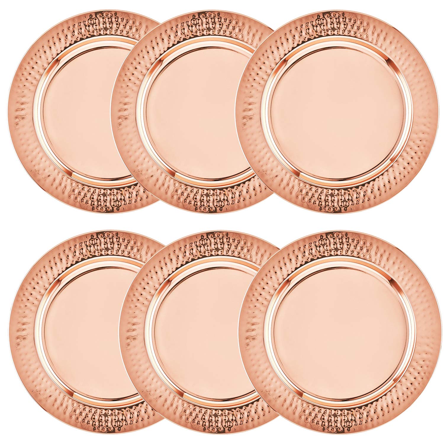 Colleta Home Copper Charger Plates - 6 Pack - 13 inch Rose Gold Charger Plates with Hammered Rim - Copper Charger Plate Set