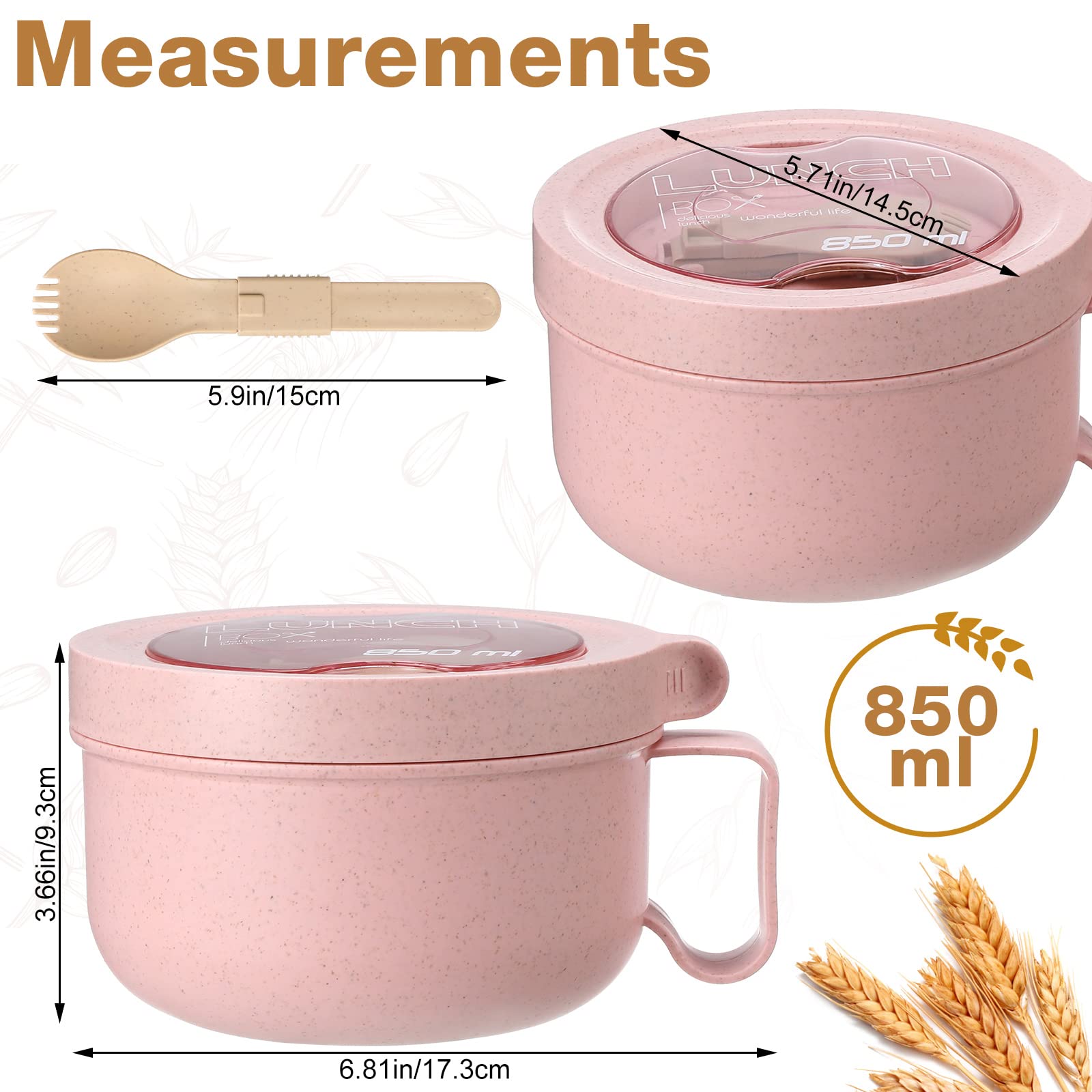 3 Pcs Wheat Straw Soup Bowls with Spork Large Soup Mugs with Lids Instant Ramen Noodles Bowl Soup Cup with Handle Instant Cooking Bowls for Travel Food Containers, Beige, Pink, Green, 28.74 oz