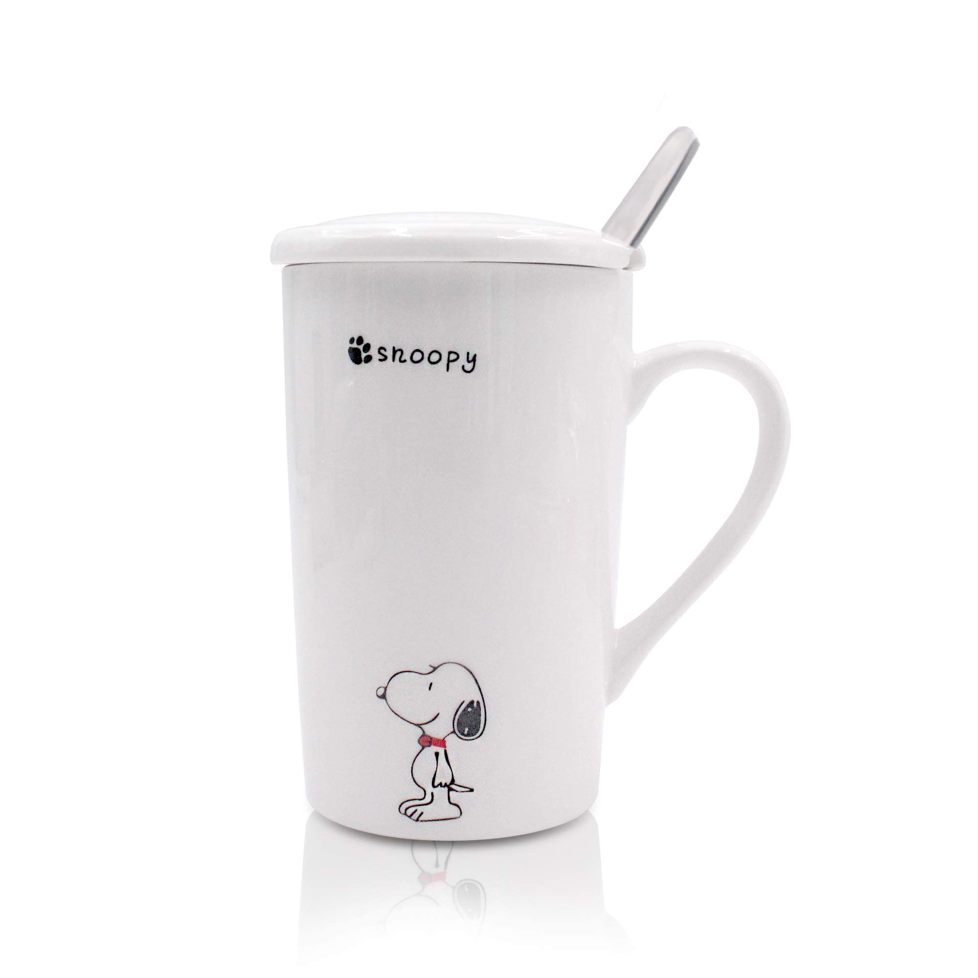 FINEX Random Style Snoopy White Ceramic Coffee Mug Water Cup Set with Lid and Spoon