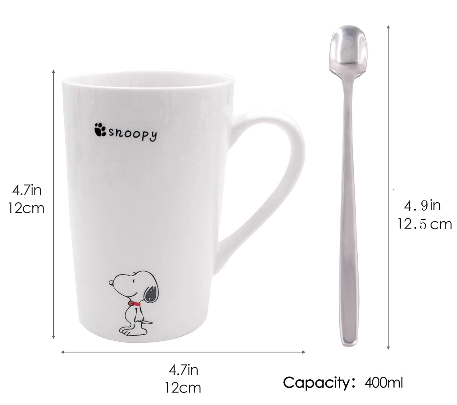 FINEX Random Style Snoopy White Ceramic Coffee Mug Water Cup Set with Lid and Spoon