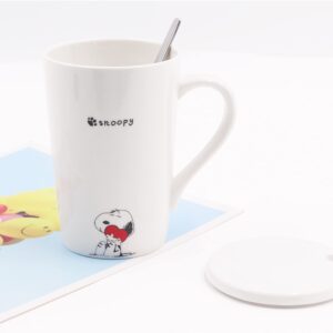 FINEX Random Style Snoopy White Ceramic Coffee Mug Water Cup Set with Lid and Spoon