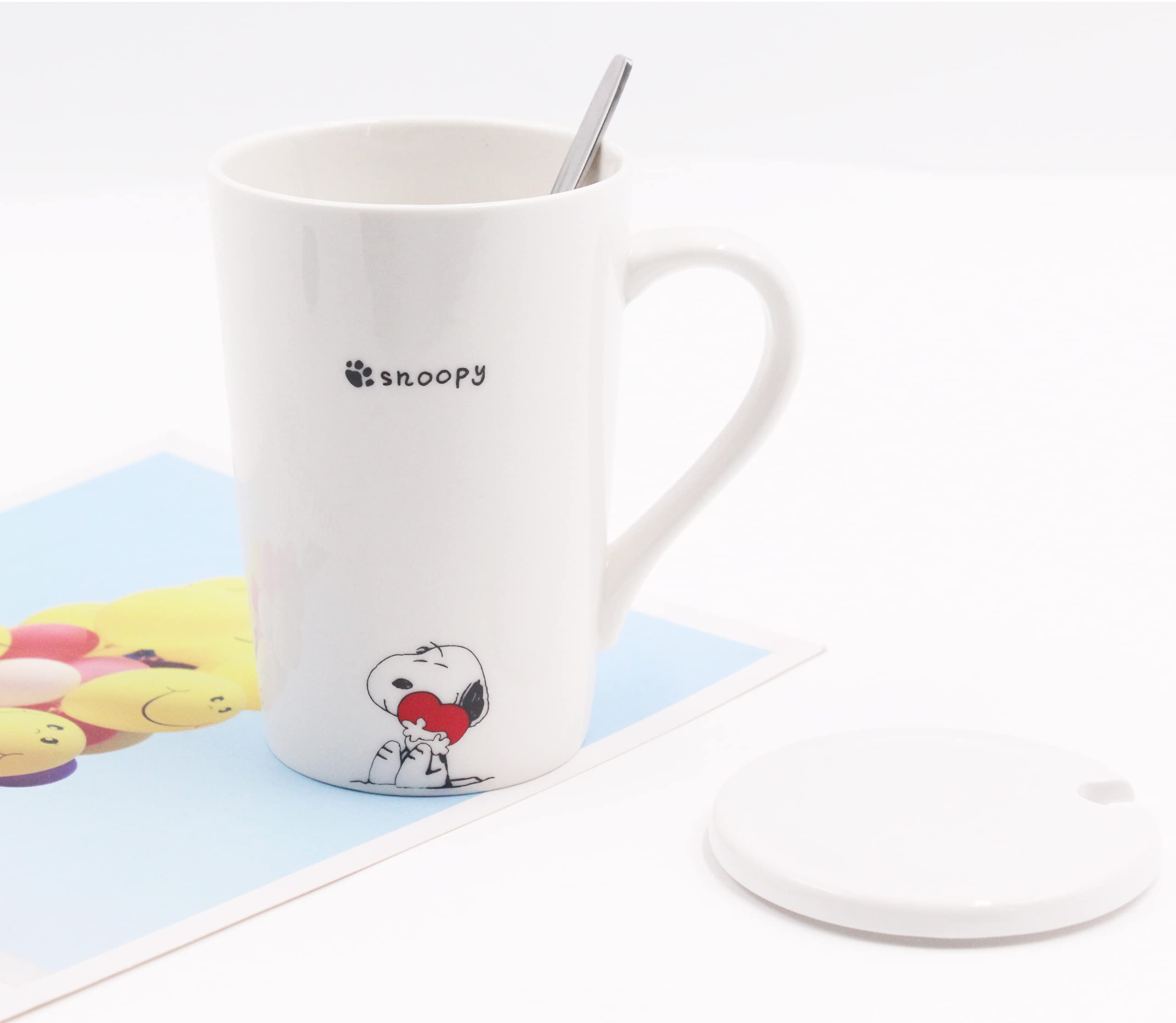 FINEX Random Style Snoopy White Ceramic Coffee Mug Water Cup Set with Lid and Spoon