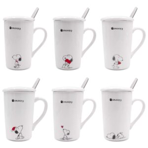 FINEX Random Style Snoopy White Ceramic Coffee Mug Water Cup Set with Lid and Spoon