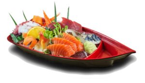 happy sales hssb-10rb, sushi boat shape plate sushi sashimi serving plate melamine plastic tray 10 x 4.5 inch (red black)