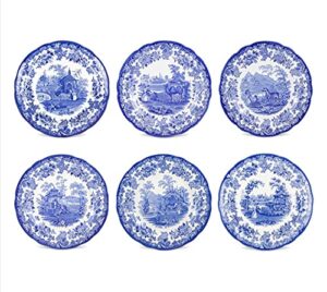 spode blue room collection plates | set of 6 | dinner, salad, pasta, and appetizer plate | 10.5-inch | fine earthenware | microwave and dishwasher safe | made in england (zoological)