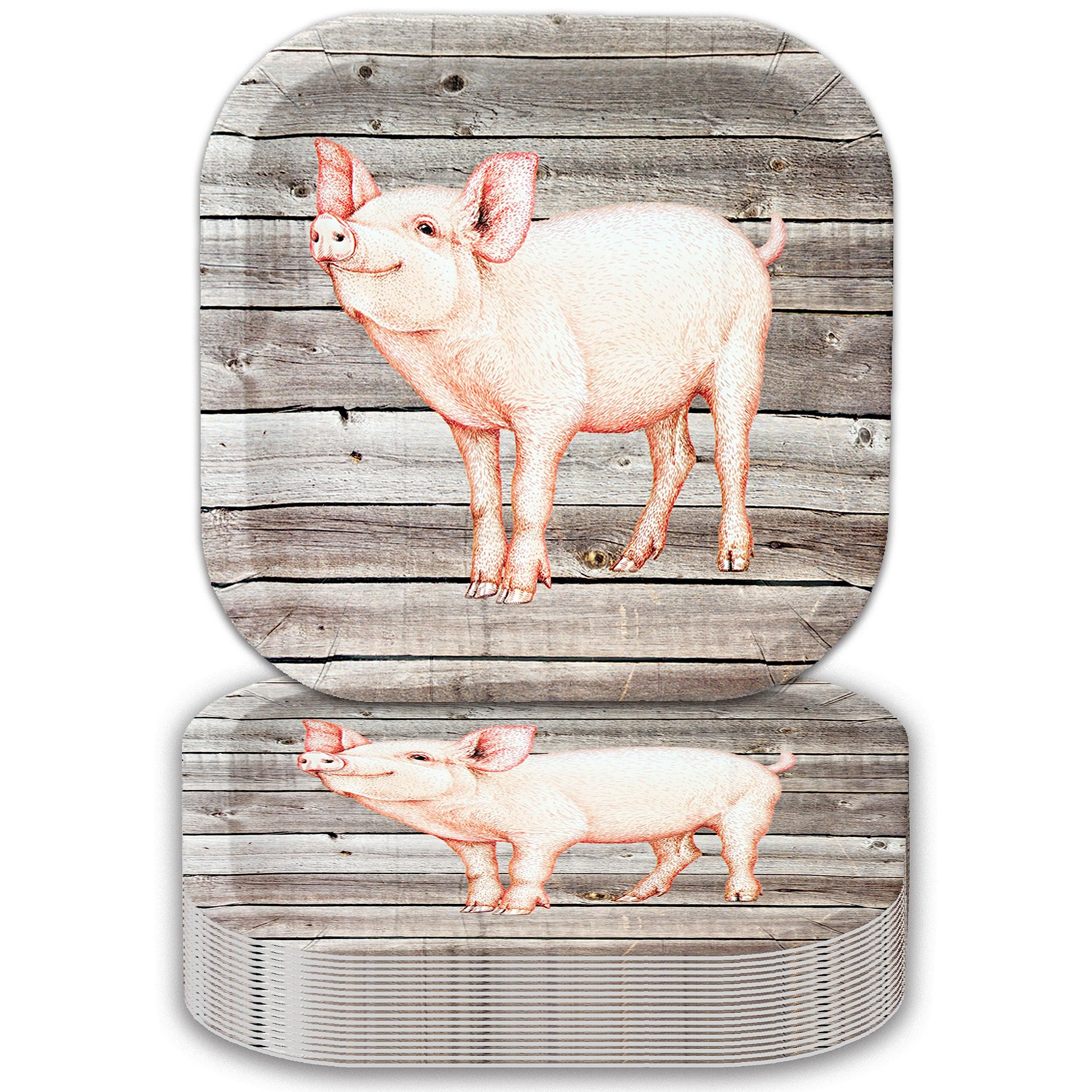 Havercamp Pig 9” Plates on Barnwood (24 pcs.)! Authentic and Cute Pig on a Rustic Barnwood Background. 24 Lg. 9 in. Square Dinner Plates. Pair with the Farm Table Collection!