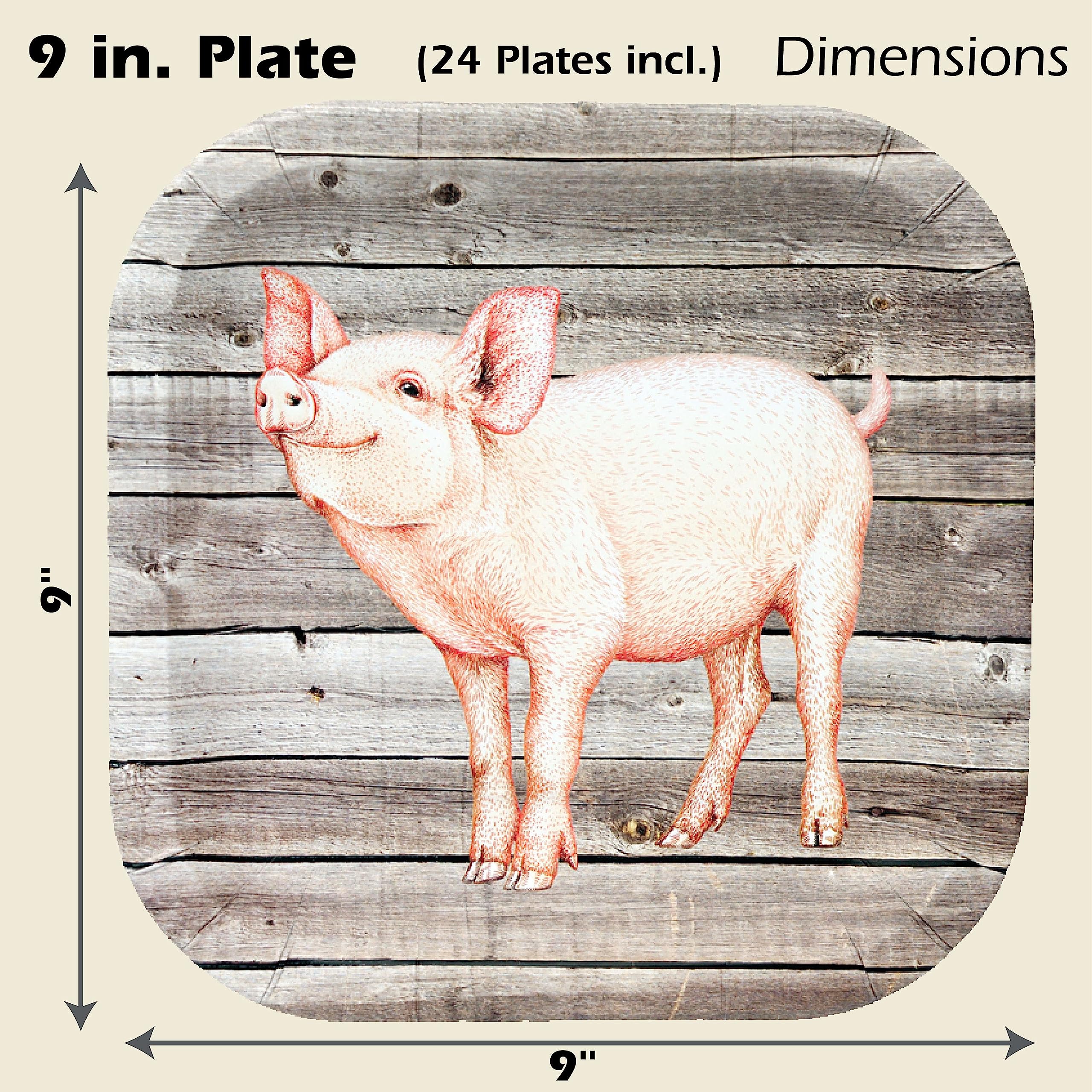 Havercamp Pig 9” Plates on Barnwood (24 pcs.)! Authentic and Cute Pig on a Rustic Barnwood Background. 24 Lg. 9 in. Square Dinner Plates. Pair with the Farm Table Collection!