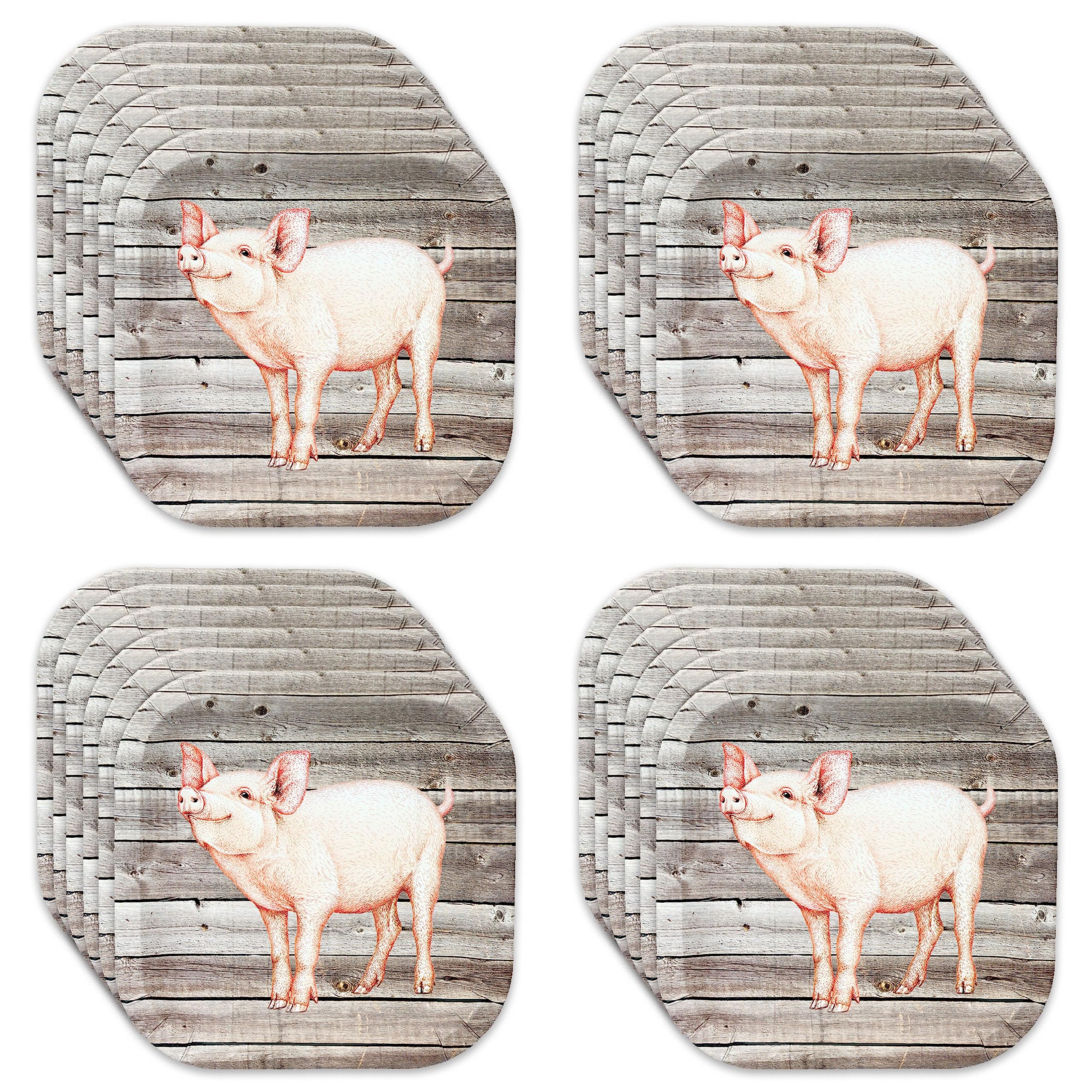 Havercamp Pig 9” Plates on Barnwood (24 pcs.)! Authentic and Cute Pig on a Rustic Barnwood Background. 24 Lg. 9 in. Square Dinner Plates. Pair with the Farm Table Collection!