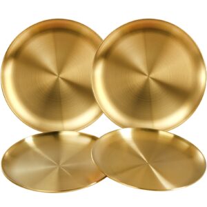 topzea 4 pack 304 stainless steel dinner plates, 9 inch gold metal salad snack plate reusable kitchen dinnerware, food serving platter round appetizer dishes for restaurant, camping, picnic