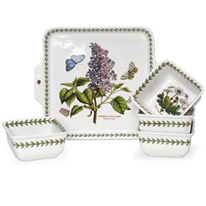 portmeirion botanic garden 5-piece accent bowl set | 8 inch handled plate with 3.75 inch square bowls | assorted floral motifs | made from porcelain | microwave and dishwasher safe
