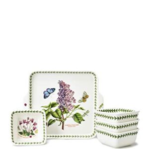 Portmeirion Botanic Garden 5-Piece Accent Bowl Set | 8 Inch Handled Plate with 3.75 Inch Square Bowls | Assorted Floral Motifs | Made from Porcelain | Microwave and Dishwasher Safe