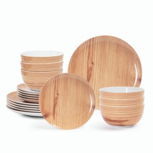wooden pattern porcelain dinnerware sets for 6, ceramic plates and bowls, hf hoften kitchen dinnerware set, 18pc porcelain dinnerware set, dishwasher, microwave safe