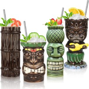 suprobarware tiki mugs set 4pcs ceramic mug tropical tiki mug hawaiian cocktail drink mug (4pcs set)