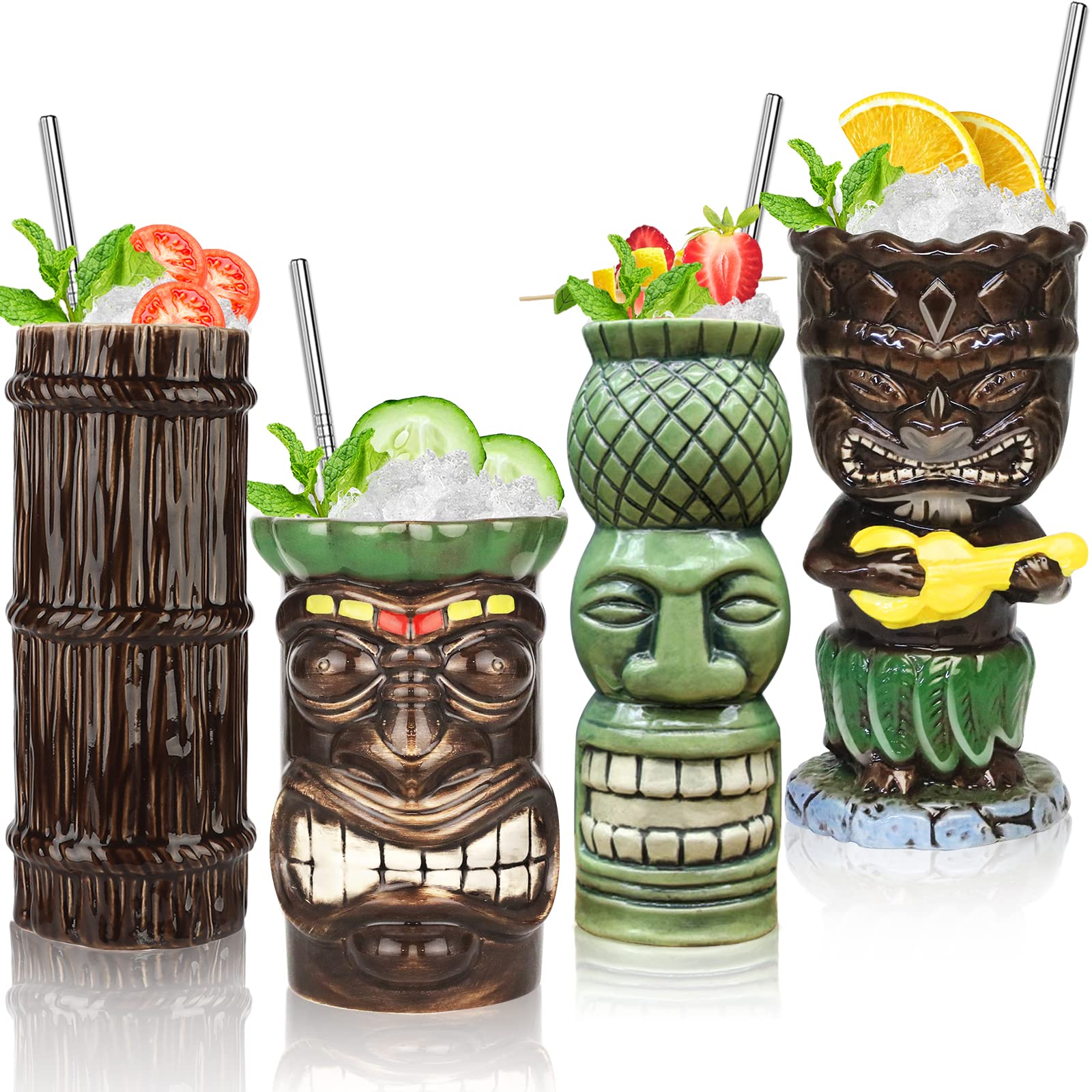 SuproBarware Tiki Mugs Set 4pcs Ceramic Mug Tropical Tiki Mug Hawaiian Cocktail Drink Mug (4pcs Set)