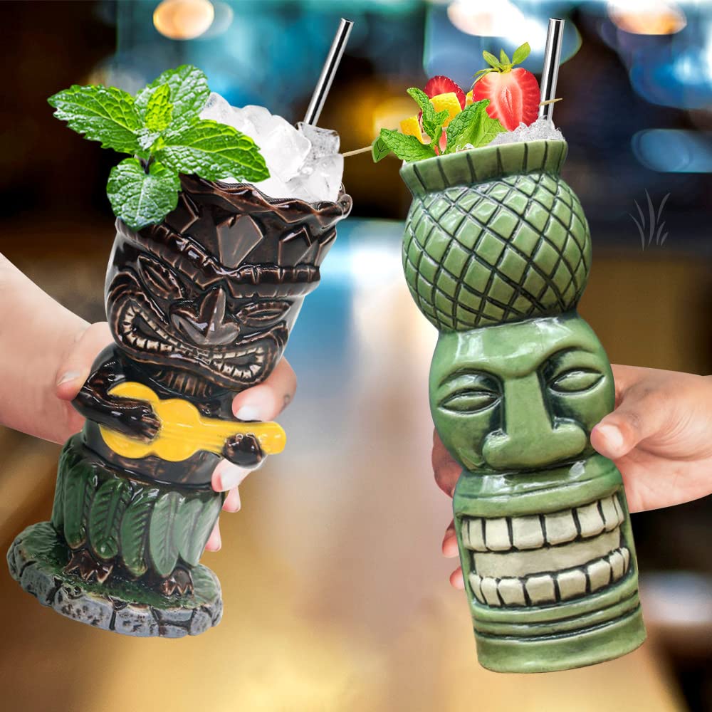 SuproBarware Tiki Mugs Set 4pcs Ceramic Mug Tropical Tiki Mug Hawaiian Cocktail Drink Mug (4pcs Set)