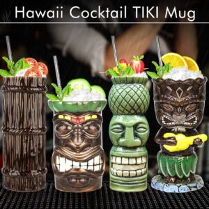 SuproBarware Tiki Mugs Set 4pcs Ceramic Mug Tropical Tiki Mug Hawaiian Cocktail Drink Mug (4pcs Set)