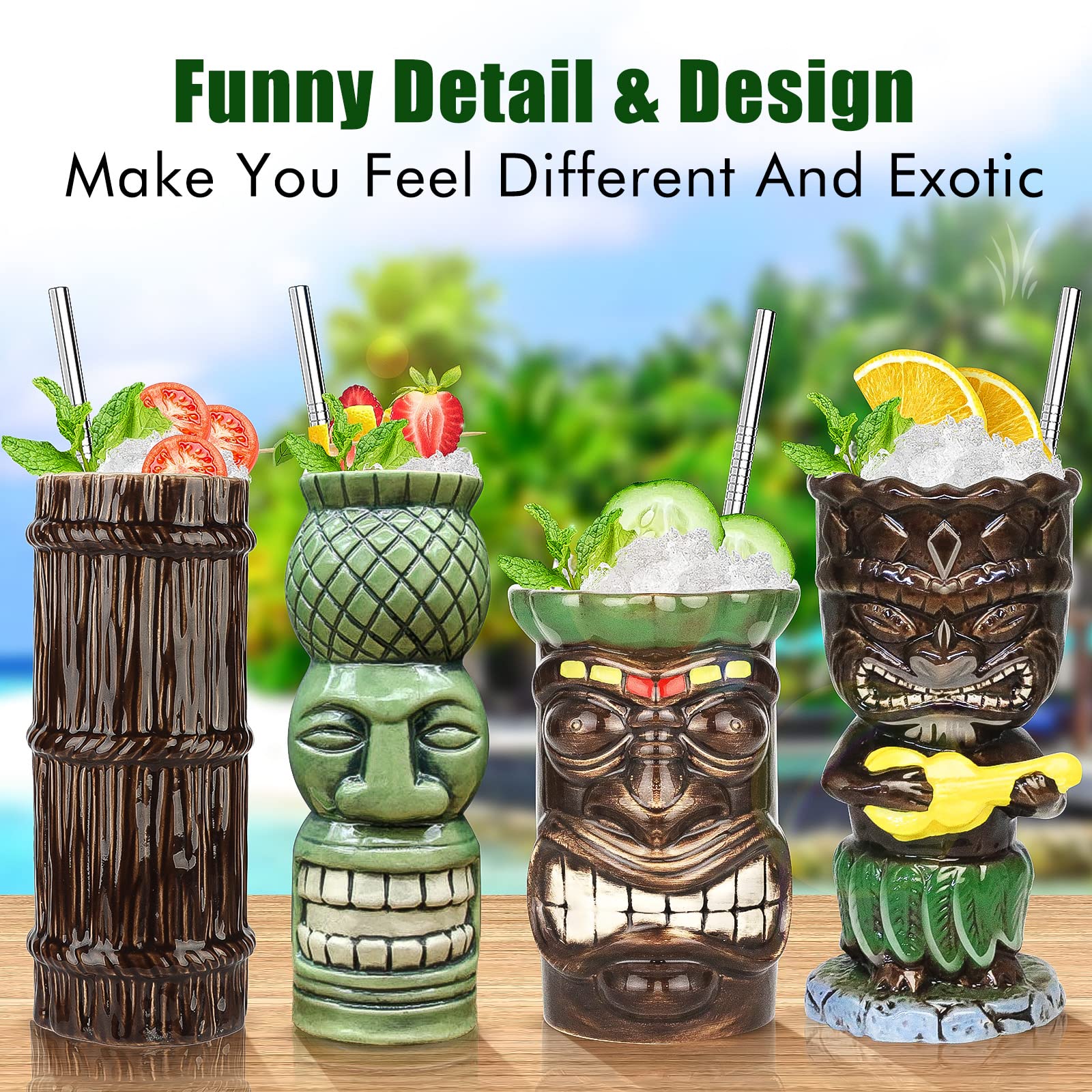 SuproBarware Tiki Mugs Set 4pcs Ceramic Mug Tropical Tiki Mug Hawaiian Cocktail Drink Mug (4pcs Set)