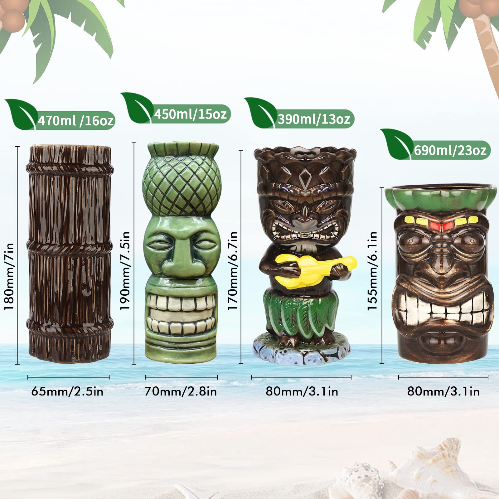 SuproBarware Tiki Mugs Set 4pcs Ceramic Mug Tropical Tiki Mug Hawaiian Cocktail Drink Mug (4pcs Set)