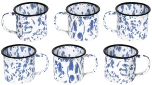 red co. set of 6 enamelware metal small classic 5 oz round coffee and tea mug with handle, navy blue marble/black rim – splatter design