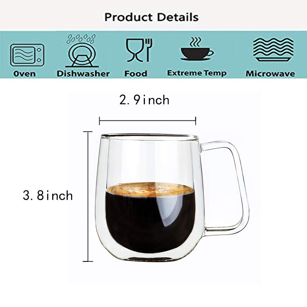 HKKAIS 8.5OZ Glass Coffee Mug, Double Walled Tea Cups, Clear Borosilicate Glass Mug for Latte, Cappuccino, Tea, Beverages, Ice Coffee, Double Wall Insulated Coffee Cup with Handle