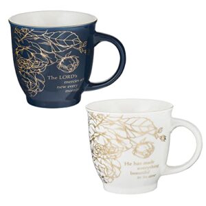 christian art gifts ceramic coffee/tea mug set for women | a beautiful morning ecclesiastes/lamentations bible verse mug set | boxed set/2 coffee cups