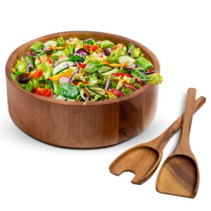 houseables wooden salad bowl set, acacia serving bowls, with serving utensils, large, 12 x 4 inch, 3 piece, round, flat, wood server acaciaware for kitchen, mixing, eating, food, fruit, pasta
