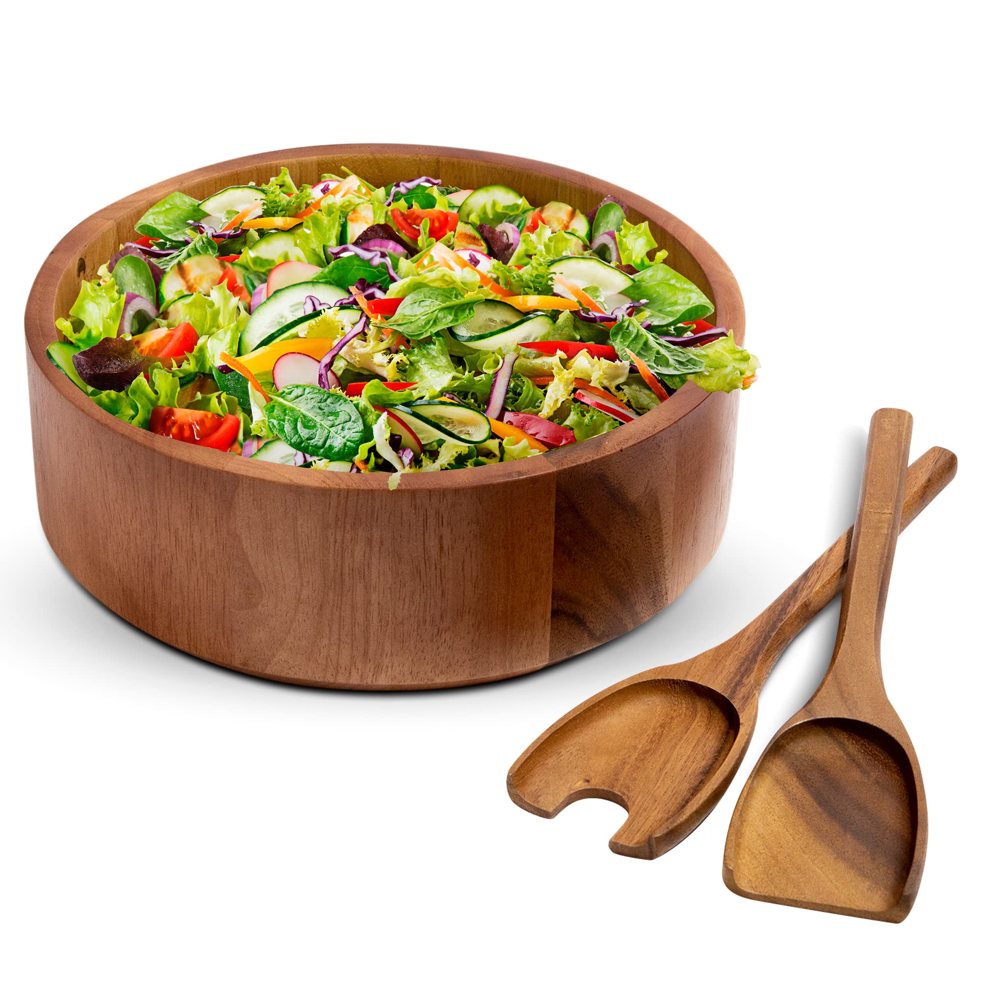 Houseables Wooden Salad Bowl Set, Acacia Serving Bowls, With Serving Utensils, Large, 12 x 4 Inch, 3 Piece, Round, Flat, Wood Server Acaciaware For Kitchen, Mixing, Eating, Food, Fruit, Pasta