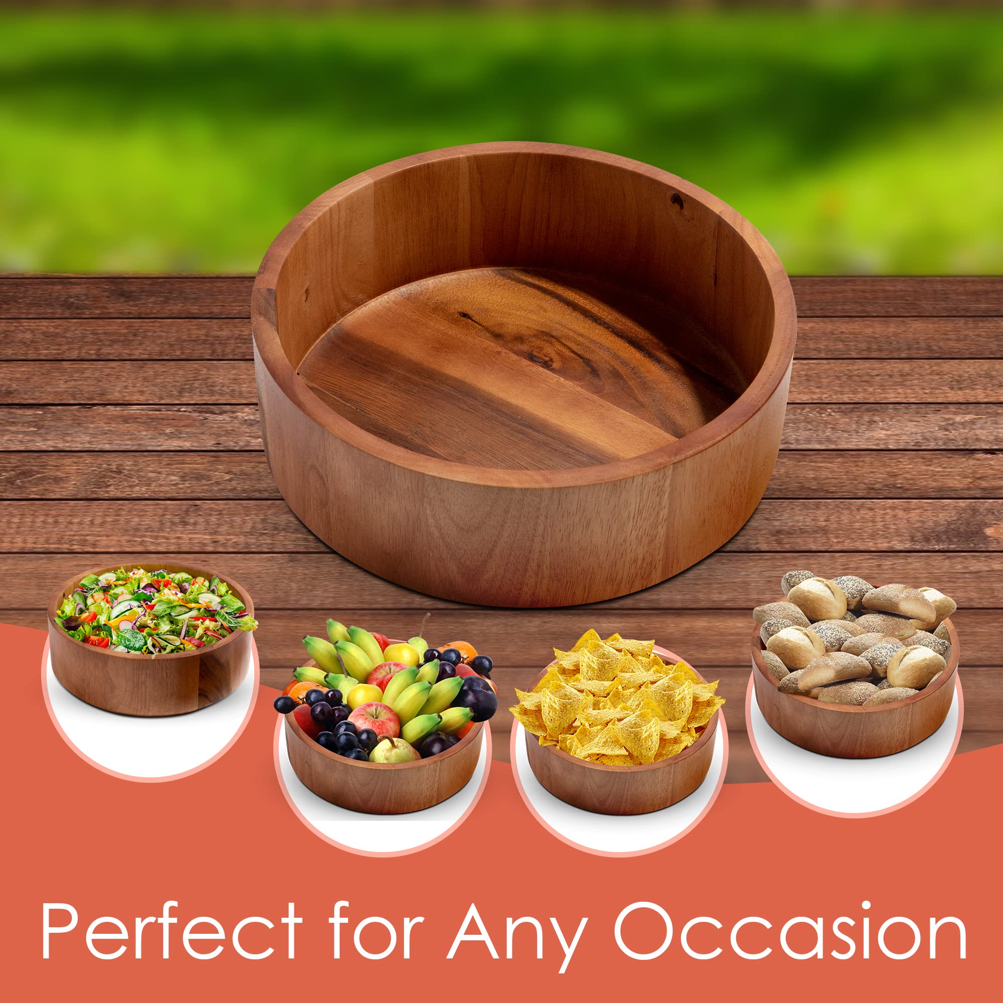 Houseables Wooden Salad Bowl Set, Acacia Serving Bowls, With Serving Utensils, Large, 12 x 4 Inch, 3 Piece, Round, Flat, Wood Server Acaciaware For Kitchen, Mixing, Eating, Food, Fruit, Pasta