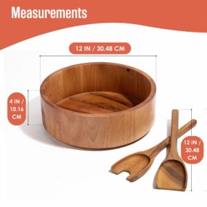 Houseables Wooden Salad Bowl Set, Acacia Serving Bowls, With Serving Utensils, Large, 12 x 4 Inch, 3 Piece, Round, Flat, Wood Server Acaciaware For Kitchen, Mixing, Eating, Food, Fruit, Pasta