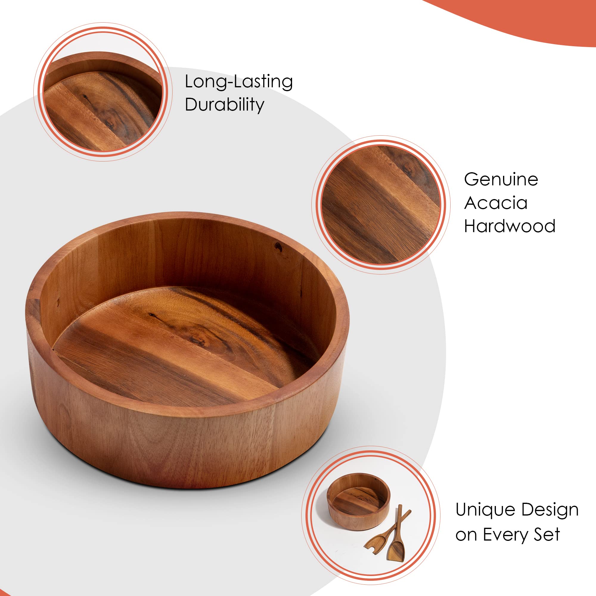 Houseables Wooden Salad Bowl Set, Acacia Serving Bowls, With Serving Utensils, Large, 12 x 4 Inch, 3 Piece, Round, Flat, Wood Server Acaciaware For Kitchen, Mixing, Eating, Food, Fruit, Pasta