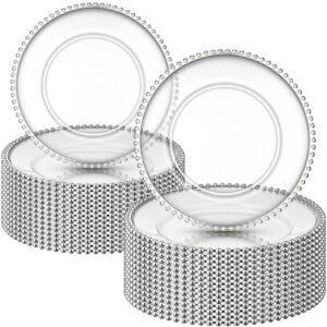 weewooday 30 pieces silver plastic beaded charger plates 13 inch round dinner chargers bead clear service plates for wedding birthday party events bridal shower dinner tabletop decoration