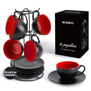 miamio - set of 6, ceramic stackable cappuccino cups set / 6 ounce cappuccino mugs and saucer with metal stand for coffee drinks, cafe, latte, americano and tea - le papillon collection (red)