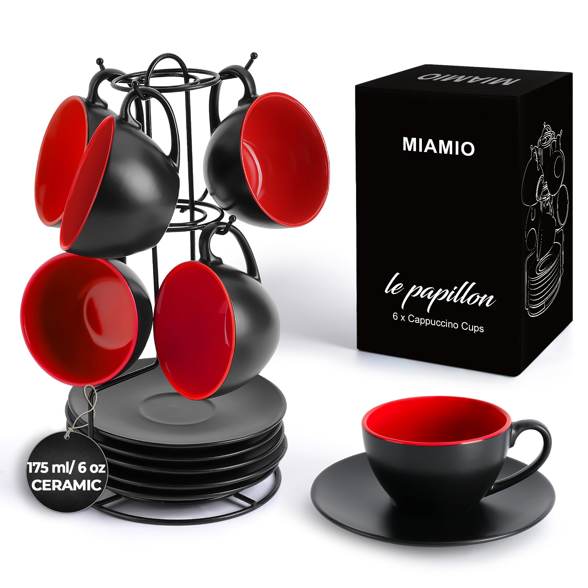 MIAMIO - Set of 6, Ceramic Stackable Cappuccino Cups Set / 6 Ounce Cappuccino Mugs and Saucer with Metal Stand for Coffee Drinks, Cafe, Latte, Americano and Tea - Le Papillon Collection (Red)