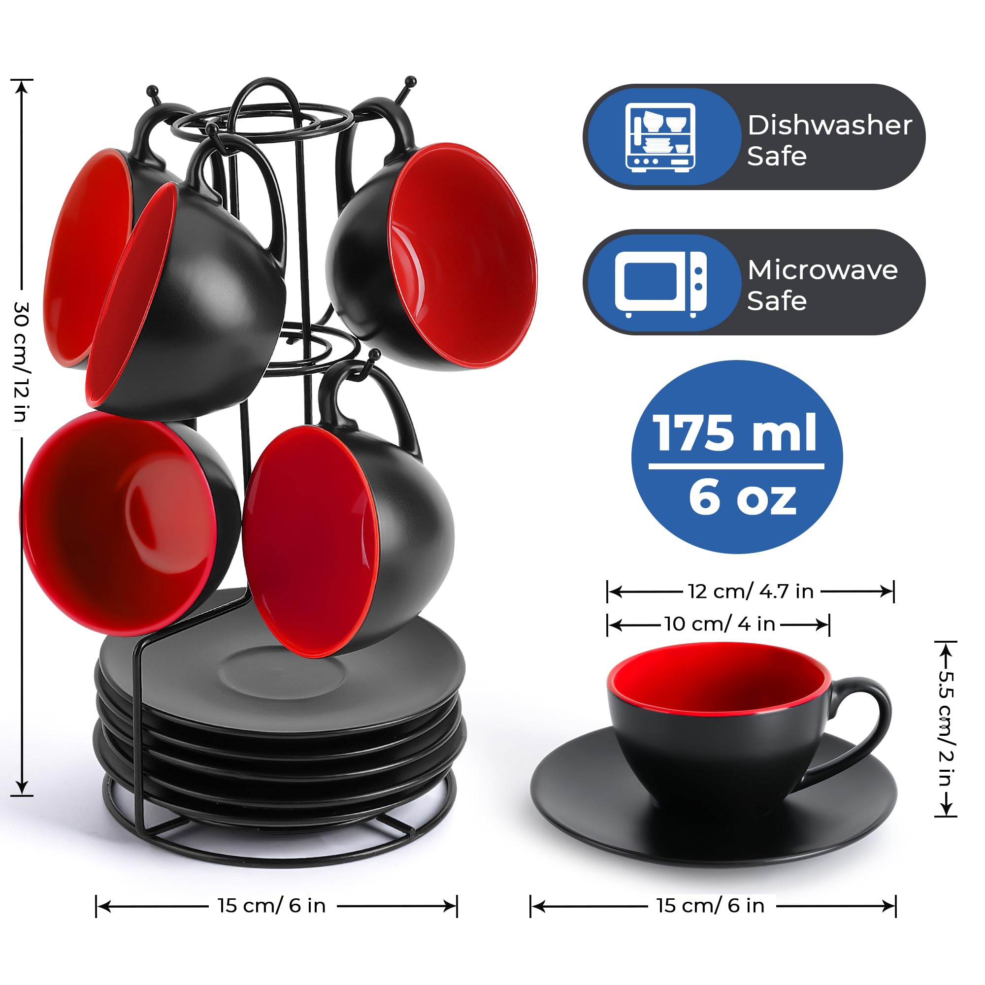 MIAMIO - Set of 6, Ceramic Stackable Cappuccino Cups Set / 6 Ounce Cappuccino Mugs and Saucer with Metal Stand for Coffee Drinks, Cafe, Latte, Americano and Tea - Le Papillon Collection (Red)
