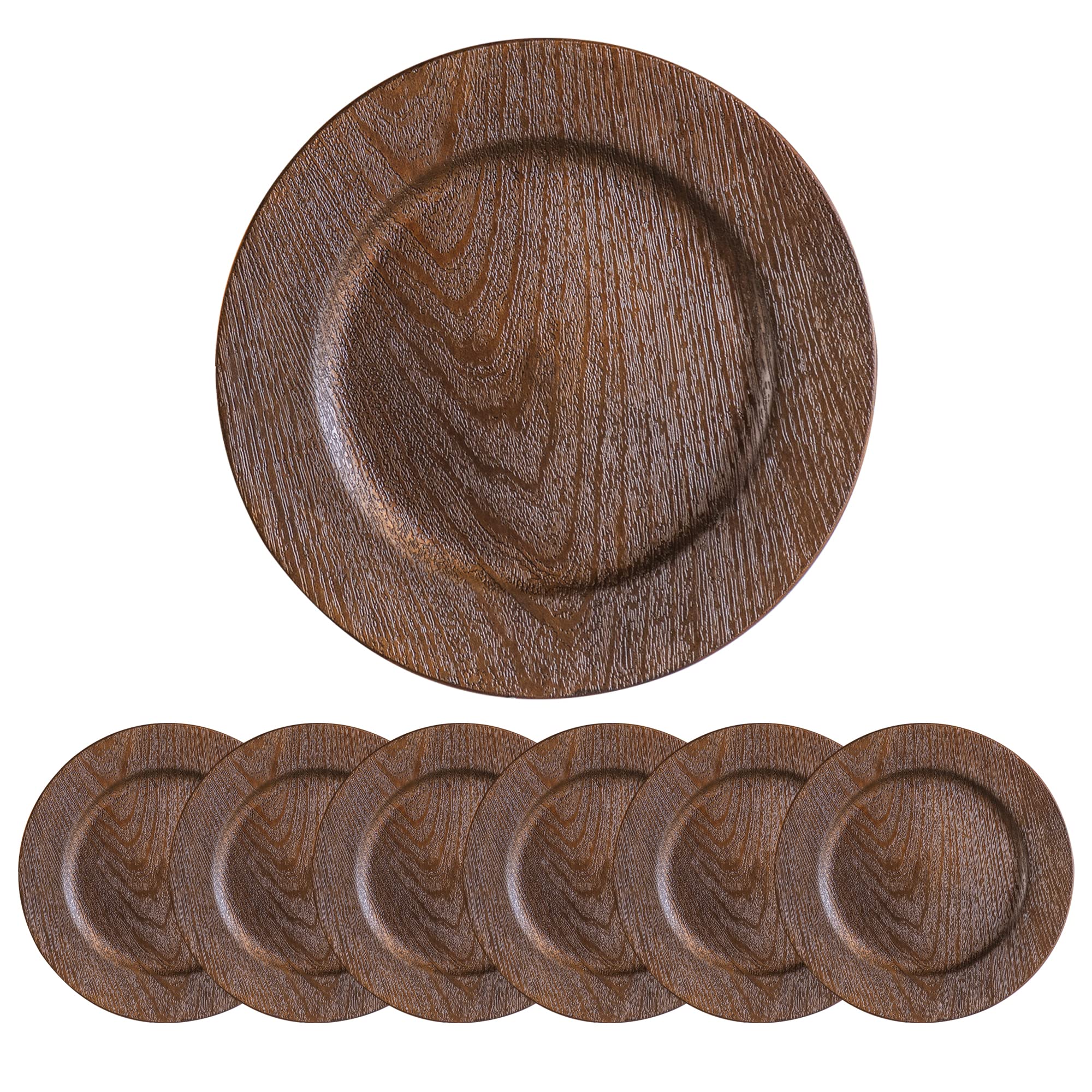 JRHCGH 13" Round Faux Wooden Charger Plate,Flexible Antique Plastic Plate Bulk Wedding,Charger & Service For Dinner Plates,Elegant Decor Place Set Of 6 (3312-03C)