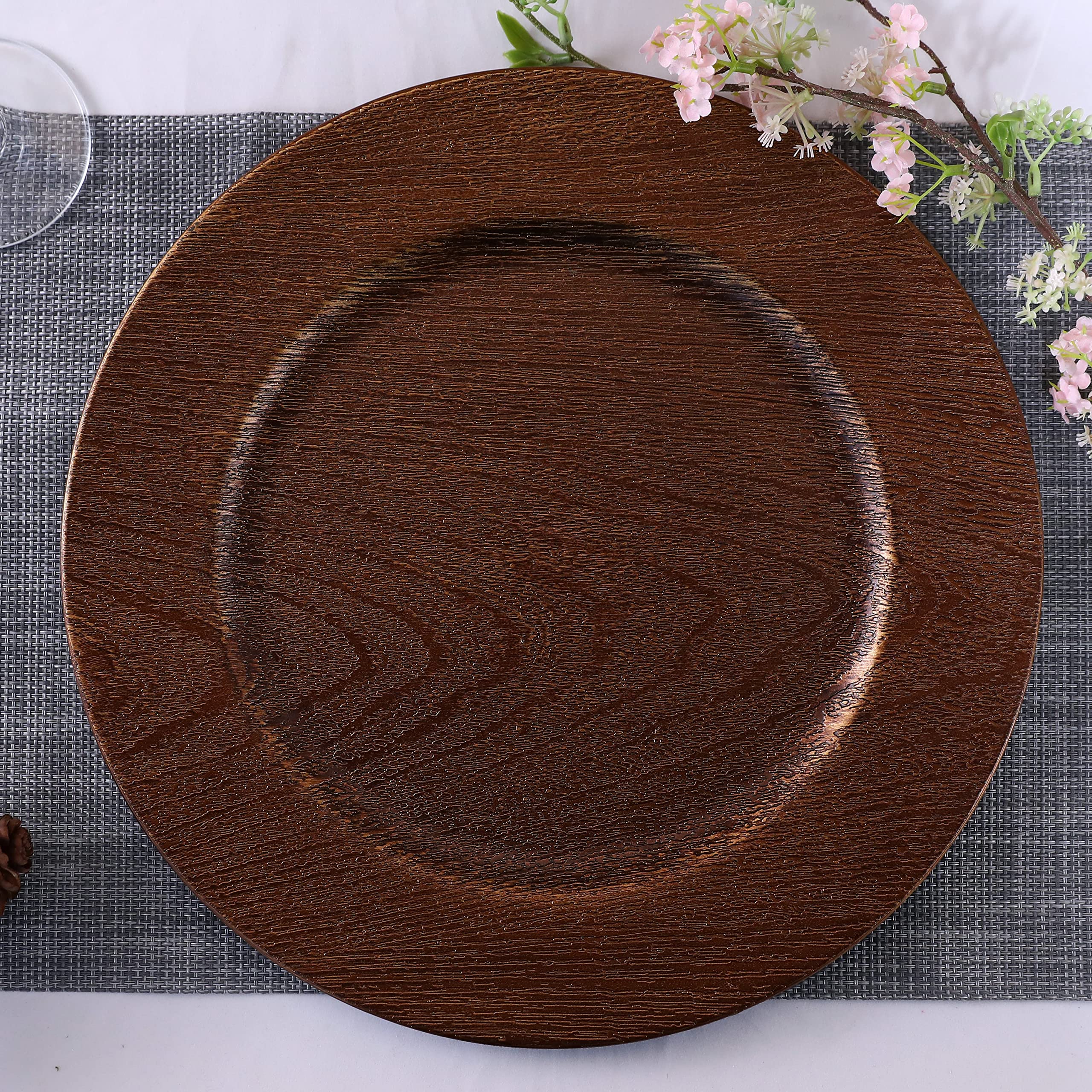 JRHCGH 13" Round Faux Wooden Charger Plate,Flexible Antique Plastic Plate Bulk Wedding,Charger & Service For Dinner Plates,Elegant Decor Place Set Of 6 (3312-03C)