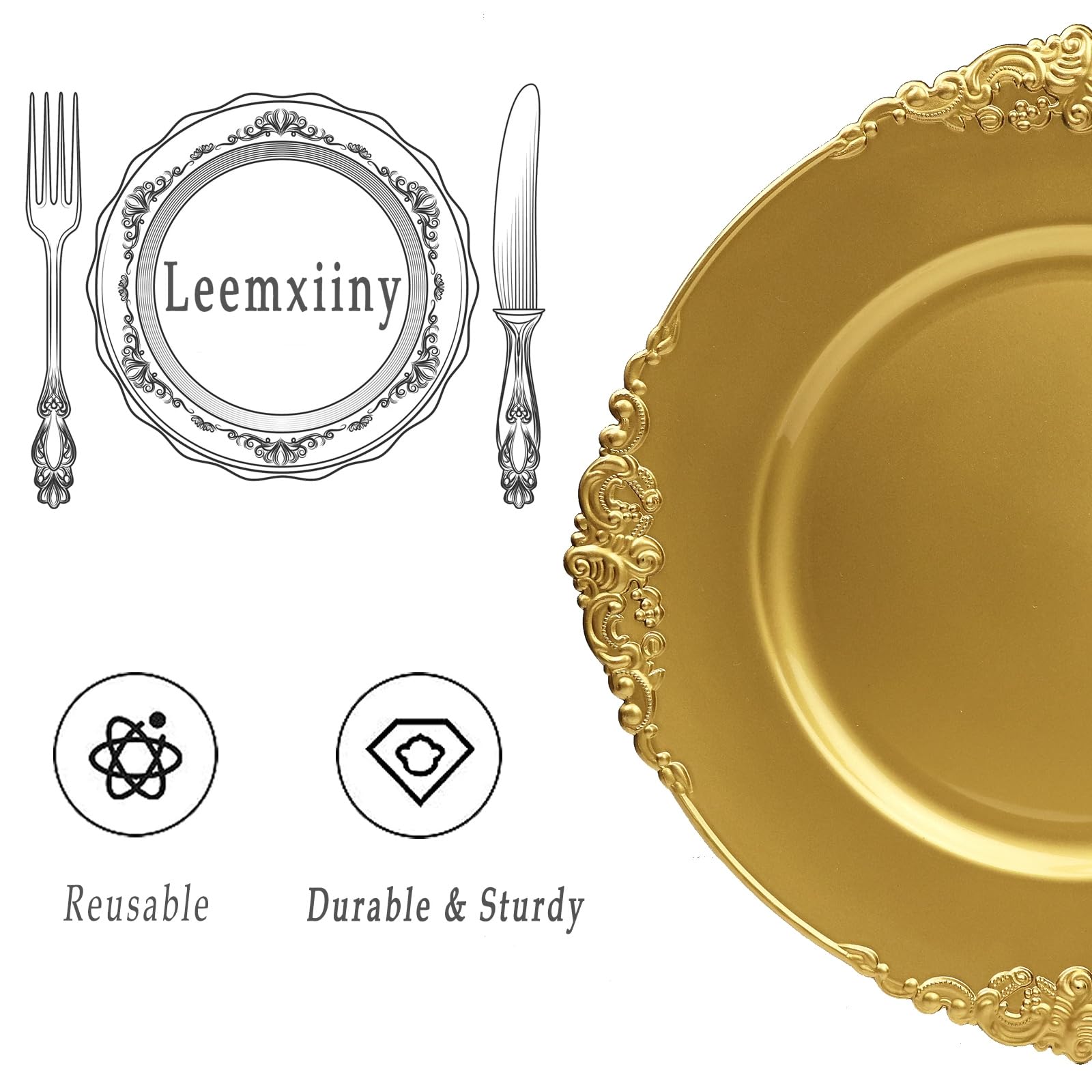 Leemxiiny Gold Charger Plates, 13" Elegant Plastic Set of 6 Chargers for Dinner Plates for Table Decoration, Wedding, Party, Thanksgiving, Christmas