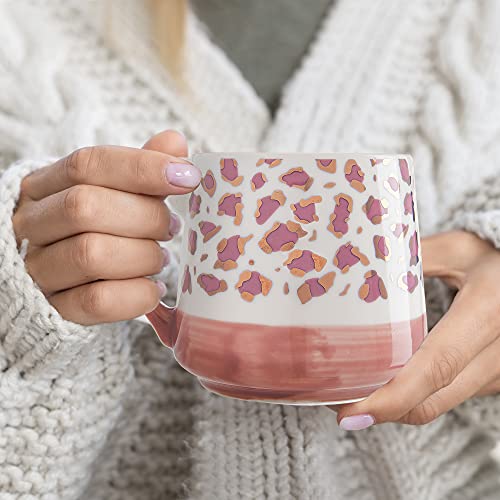 SHEFFIELD HOME Stoneware Coffee Mugs- Stylish and Trendy Leopard Printed Coffee Cups, Mugs for Tea, Latte Mug, and Hot Chocolate, 18 oz, (Pink Leopard)