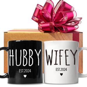 faljiok 11oz coffee mug set est 2024 wifey & hubby, unique coffee mug couples sets gift for engagement wedding newly-married anniversary, anniversary present for mother father grandparent