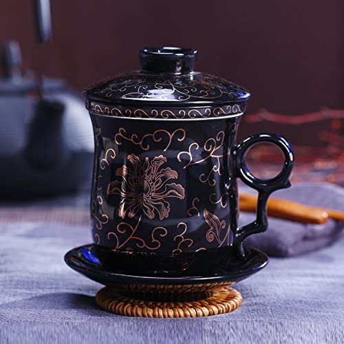 Tea Talent Porcelain Tea Cup with Infuser Lid and Saucer Sets - Chinese Jingdezhen Ceramics Coffee Mug Teacup Loose Leaf Tea Brewing System for Home Office