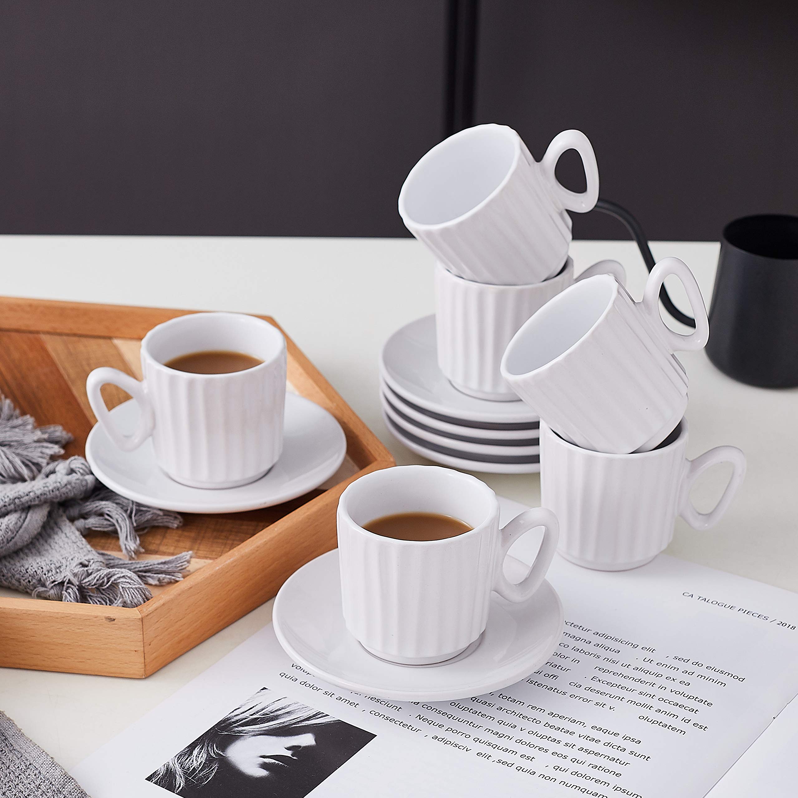 Bruntmor Christmas Gift Choice: Espresso Cups And Saucers Set Of 4. Small 4 Ounce Stackable Espresso Cups With Rack. Stacking Espresso Coffee Cup Of 4. Matte Black/Colored Interior, 4 Oz